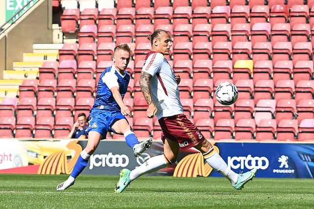 Trialist Louis Reed fires on goal for Rovers against Bradford. Picture: Howard Roe/AHPIX