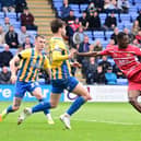 Mipo Odubeko tries his luck on goal against Shrewsbury Town. Picture: Howard Roe/AHPIX LTD