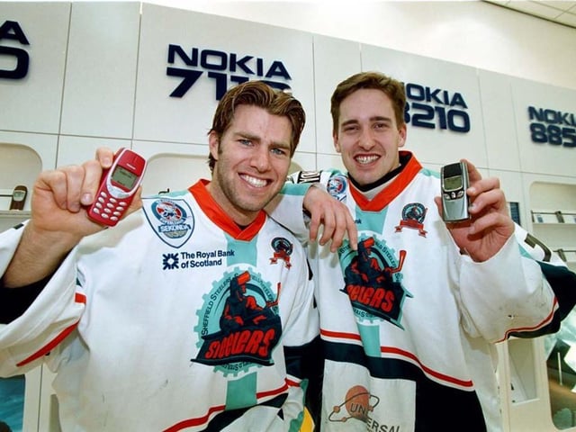 Sheffield Steelers stars Kent Simpson (left)and Shayne McCosh at the official opening of the new Nokia store in 2001