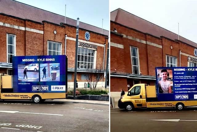 Police used a digital van in Doncaster today to help find missing 25-year-old Kyle Binns.