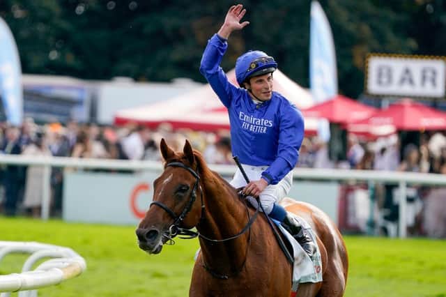 William Buick celebrates after riding Hurricane Lane to victory in the Cazoo St Leger Stakes at Doncaster. Photo by Alan Crowhurst/Getty Images
