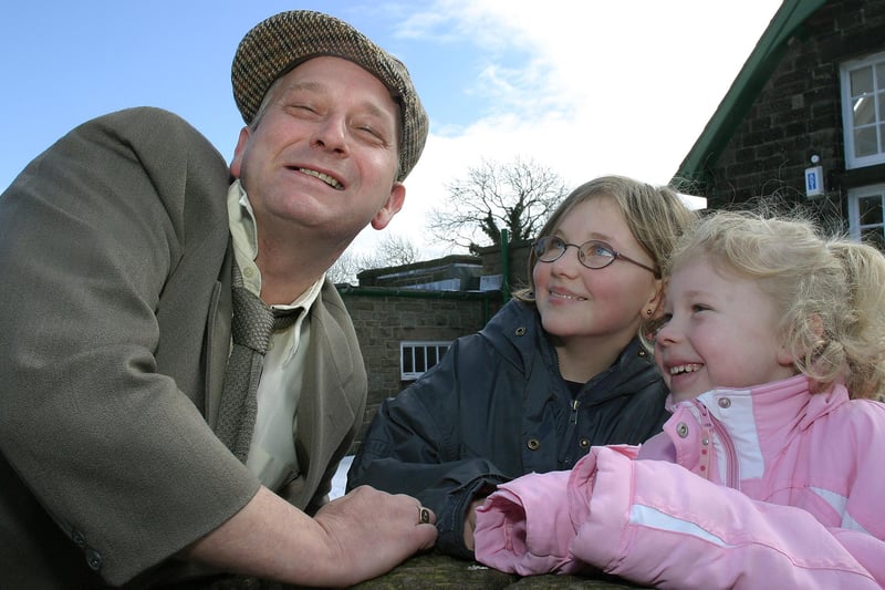 Norman Wisdom impersonator Malcolm France with Annie Raw (11) and his daughter Abbie (6)