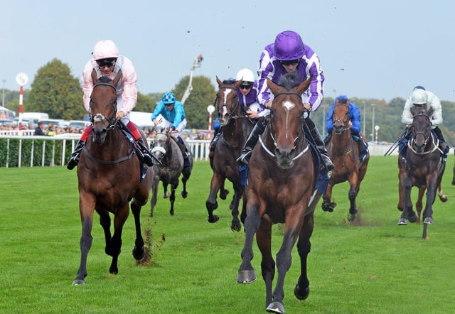 Ryan Moore, on Kew Gardens pictured crossing the finish line to take first place in the 2018 William Hill St Leger at Doncaster Racecourse. Picture: Marie Caley NDFP-15-09-18-Leger-1