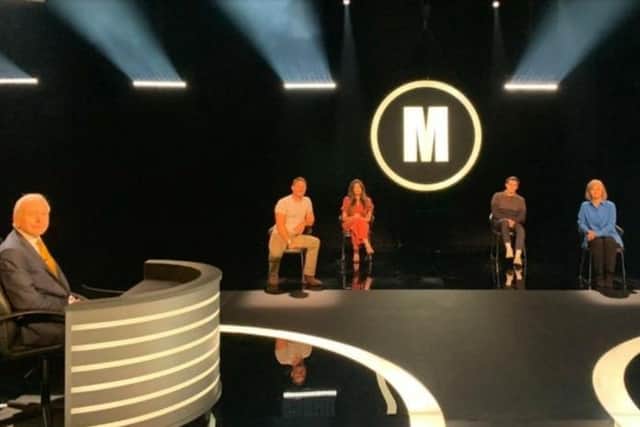 Caroline Flint, pictured right, on the set of Mastermind