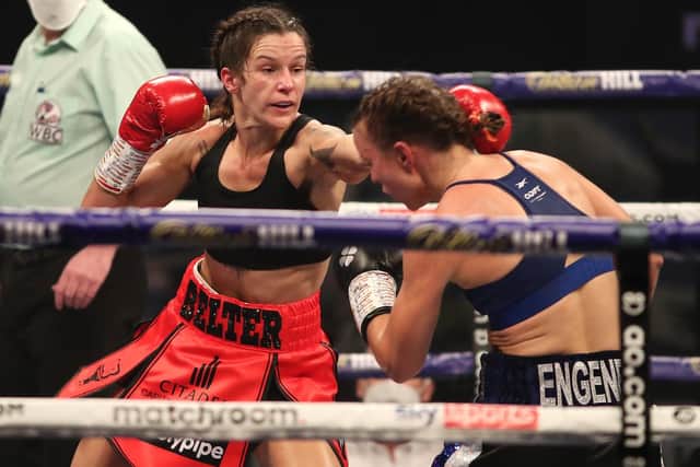 Terri Harper gets to work in victory over Katharina Thanderz. Photo: Mark Robinson/Matchroom Boxing