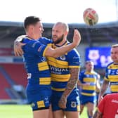 Dons' Josh Guzdek celebrates his try against Sheffield with Luke Briscoe. Picture: Andrew Roe/AHPIX LTD