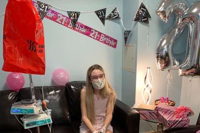 Emma Tuck celebrating her 21st birthday in St James Hospital in Leeds
