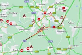Image by AA Traffic and Google Maps. Damage to the central reservation on the M18 near Doncaster is causing severe delays this morning.