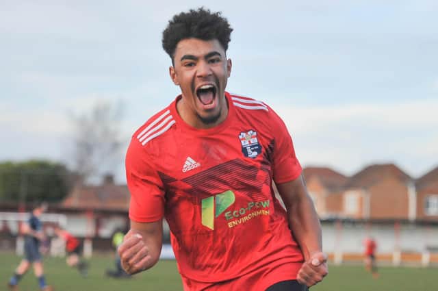 Myron Gibbons celebrates his late winner for Rossington Main. Photo: Russ Sheppard/Offthebenchpics
