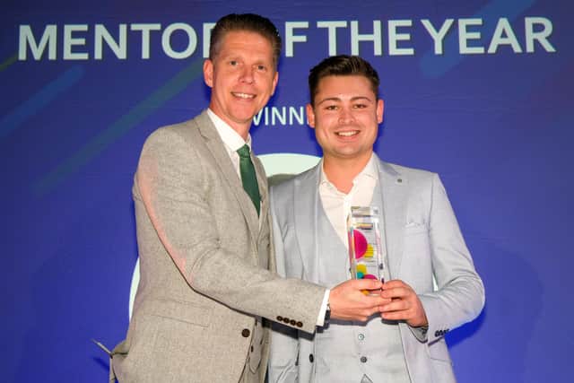 Mentor of the Year Connor Ryan, right, is presented with his award by Nick Hague at the South Yorkshire Apprenticeship Awards 2023