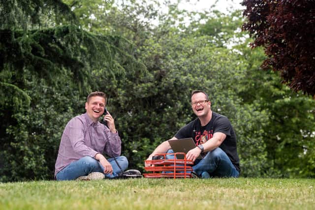 Simon Paine and Alan Donegan (wearing glasses), co-founders of Pop-Up Business School, photographed in London 
