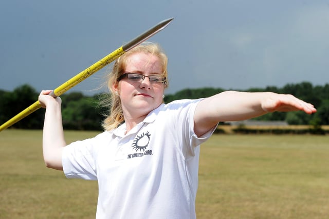 Hannah Kitchener, 15, takes part in the Year 11 javelin event at Hayfield School Sports Day, July 2011