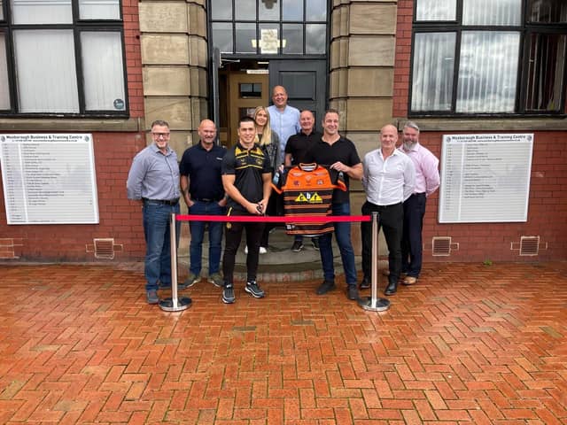 (L-R) Mark Wood, Regional Director (Yorkshire), Barhale; Mark Peacock, Project Manager, Barhale; George Hill, Castleford Tigers; Katy Vaughan, Office Manager, Barhale; Pete Newman, Owner, Mexborough Business Centre; Warren Dakin, Operations Manager, Barhale; Adrian Morley, Development Director, Impact Resourcing; Martin Brown, Chief Executive, Barhale; Chris Mathers, Senior Contracts Manager, Barhale at the opening of Barhale’s new South Yorkshire office.