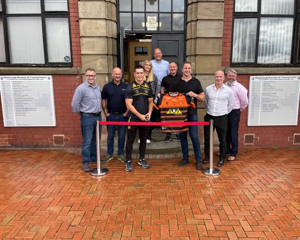 (L-R) Mark Wood, Regional Director (Yorkshire), Barhale; Mark Peacock, Project Manager, Barhale; George Hill, Castleford Tigers; Katy Vaughan, Office Manager, Barhale; Pete Newman, Owner, Mexborough Business Centre; Warren Dakin, Operations Manager, Barhale; Adrian Morley, Development Director, Impact Resourcing; Martin Brown, Chief Executive, Barhale; Chris Mathers, Senior Contracts Manager, Barhale at the opening of Barhale’s new South Yorkshire office.