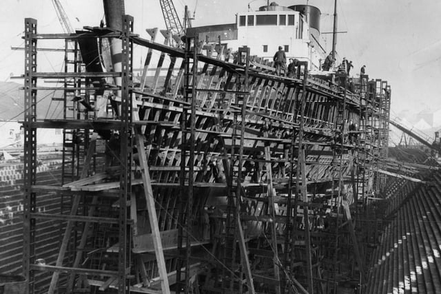 Jarrow shipyard  Palmers, Hebburn in the picture, showing a new forepart being built on to the British Railways steamer Duke of York which was severely damaged during a collision at Harwich.