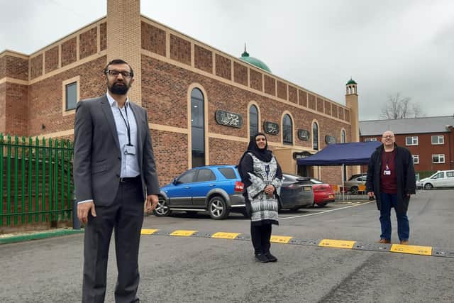 Majid Khan, Abde Ali and Glyn Jones outside the mosque in Belle Vue, Doncaster Jamia Masjid Sultania & Pakistan Cultural Centre,  on Thoresby Avenue,, which was the venue for a pop-up vaccination clinic