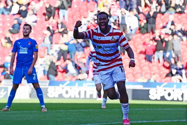 Reo Griffiths celebrates a Doncaster Rovers goal last season.