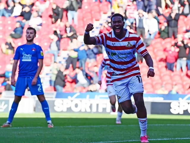 Reo Griffiths celebrates a Doncaster Rovers goal last season.