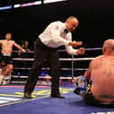 Dave Allen sends Dorian Darch to the canvas at the FlyDSA Arena in Sheffield back in 2020 (photo by Richard Heathcote/Getty Images).