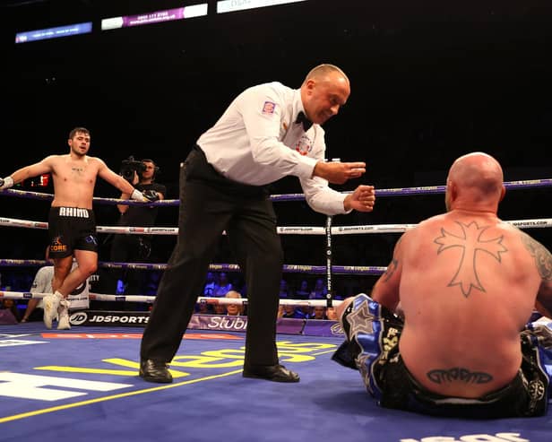 Dave Allen sends Dorian Darch to the canvas at the FlyDSA Arena in Sheffield back in 2020 (photo by Richard Heathcote/Getty Images).