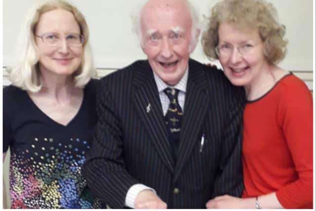 Doncaster musical stalwart Philip Scowcroft with his daughters at a concert to mark his 90th birthday.