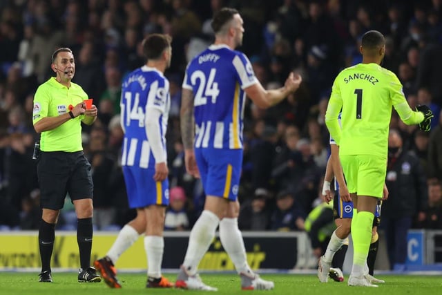 Total yellow cards = 47, straight-red cards = 2 (Lewis Dunk, Robert Sanchez), second-booking red cards = 0, discipline points total = 57