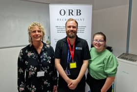 Gail Stonier from Harrison College and Dan Pidcock from ORB with Harrison College student Ebonie Spencer