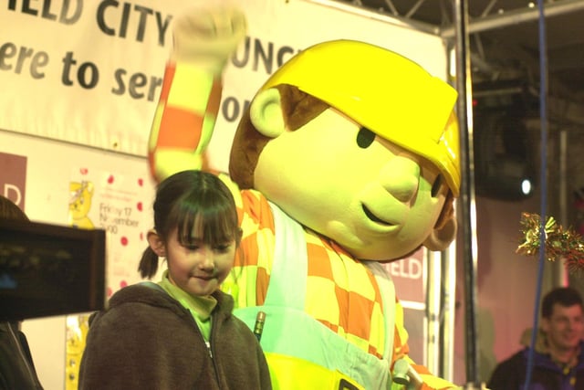Pictured at the Sheffield Christmas Lights switch on where  Bob the Builder is seen with  Amber Hill about to switch the lights on.