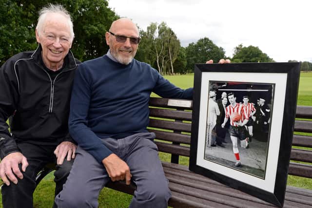 Former Sunderland footballers Jimmy Shoulder and Cecil Irwin, pictured at Stan Anderson's memorial bench. Picture: Marie Caley