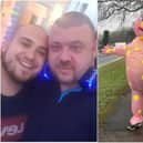 Joey James (left) took up the challenge in support of his friend Rob Sneddon, who lost his son to sepsis, dressing as Mr Blobby for his final half marathon.