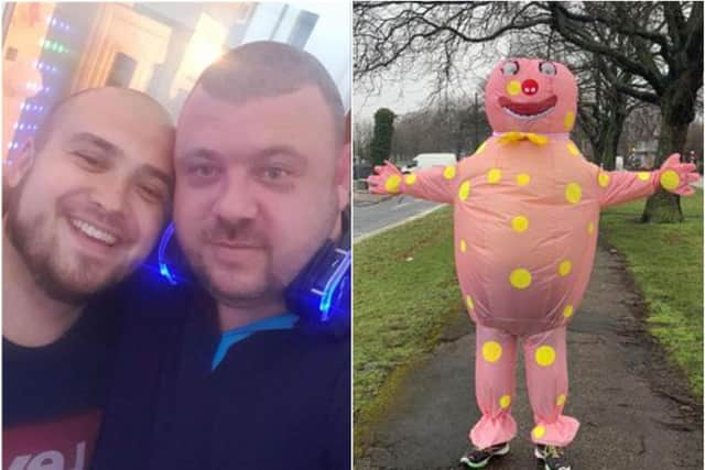 Joey James (left) took up the challenge in support of his friend Rob Sneddon, who lost his son to sepsis, dressing as Mr Blobby for his final half marathon.