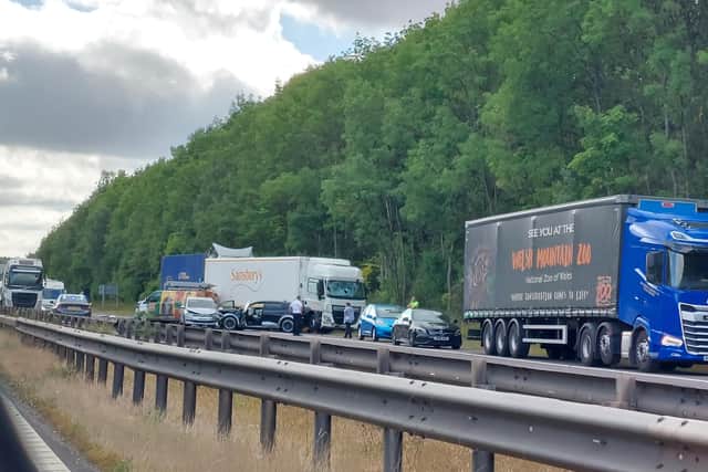 Early images of the M18 crash which caused queues at least three miles long and trapped motorists behind for hours.