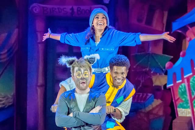 Connor Bryson as Lemmi, Lladel Bryant as Aladdin and Alyce Liburd as Princess Jasmine. Photo credit Ant Robling