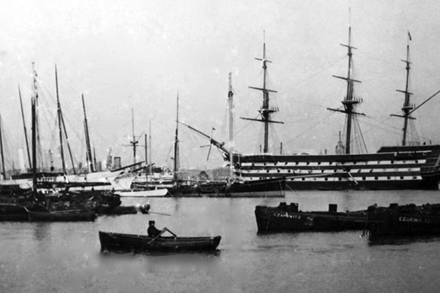 Ships, barges and yachts. With HMS Victory as a background here we see all types of vessels in Portsmouth Harbour in 1898.