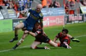 Dons winger Tom Halliday goes close to scoring against London Skolars. Photo: Rob Terrace