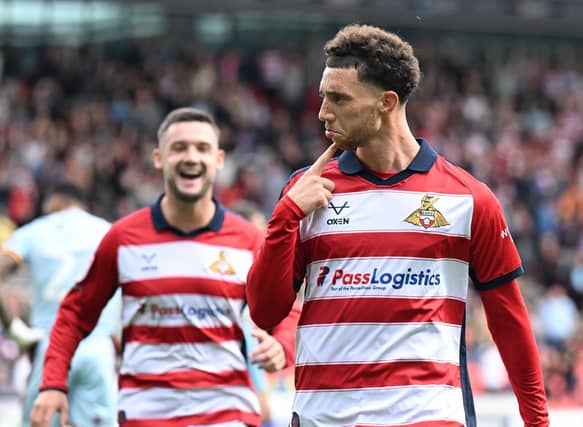 Picture by Howard Roe/AHPIX.com;Football;
League One ;
Doncaster Rovers v Bradford City;
6/9/2025 KO 3.00pm;Eco Power Stadium;
copyright picture;Howard Roe;07973 739229;
Doncasters' Jordan Gibson celebrates his goal