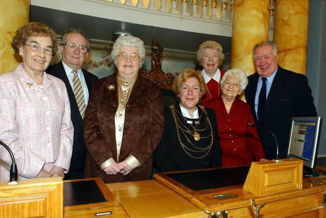 Doncaster Star news : 07/04/05 

Current Chair of Council and Civic Mayor, Councillor Margaret Ward (centre) is pictured with former Mayors Gordon Gallimore (second left), Dorothy Layton (third left), Margaret Robinson (sixth left) and John R Quinn. Gordon Gallimore and John Quinn each held the post twice. Lena Gallimore (left) and Audrey Gregory were Mayoresses to Gordon Gallimore and Sheila Mitchinson respectively. The gathering was held in the Civic Mayor's Parlour in the Mansion House.


