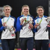 Beth Dobbin, second from right, with fellow bronze medalists Zoey Clark, Jill Cherry and Nicole Yeargin of Team Scotland. Photo: Tom Dulat/Getty Images