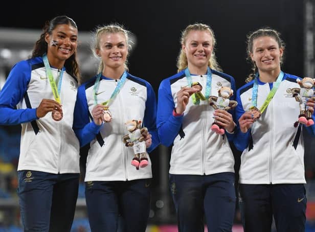 Beth Dobbin, second from right, with fellow bronze medalists Zoey Clark, Jill Cherry and Nicole Yeargin of Team Scotland. Photo: Tom Dulat/Getty Images