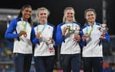 Beth Dobbin, second from right, with fellow bronze medalists Zoey Clark, Jill Cherry and Nicole Yeargin of Team Scotland. Photo: Tom Dulat/Getty Images