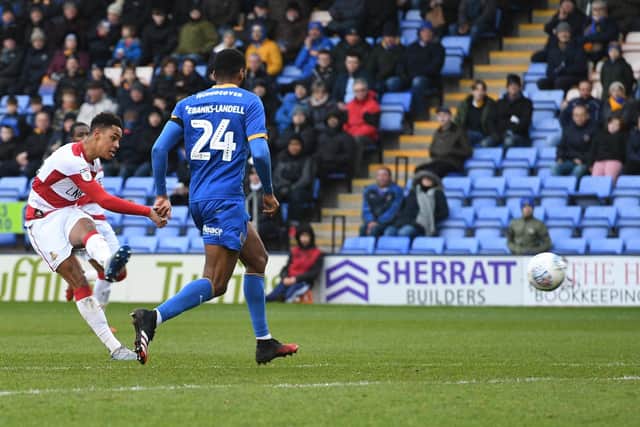 Jacob Ramsey, on loan from Aston Villa, shoots for goal during Doncaster Rovers' 1-0 defeat at Shrewsbury Town on Saturday. Picture Howard Roe/AHPIX LTD.