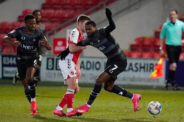 Omar Bogle gets to grips with life at Rovers against Fleetwood. Picture: Steve Flynn/AHPIX