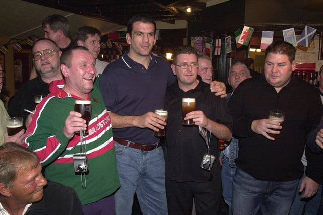 The Park pub, Badsley Moor Lane, Rotherham, where Martin Johnson the England World Cup winning rugby team captain paid a visit to the pub. Martin is seen with  some of the locals in the bar.