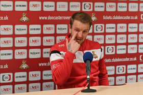 James Coppinger fights back the tears as he speaks about reaching the end of his career and scoring on the day set aside to honour his 17 years with Doncaster Rovers. Picture: Howard Roe/AHPIX