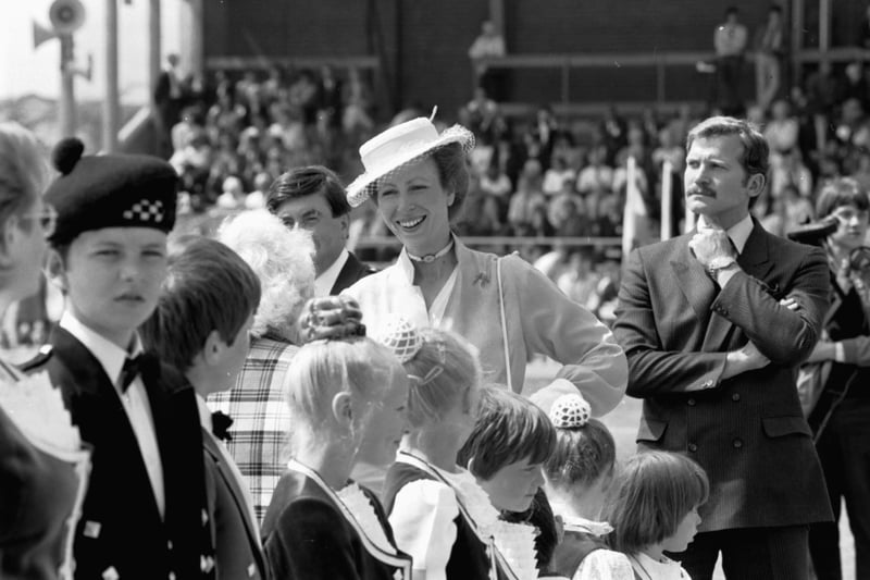 1984 - Princess Anne speaking to children from the McKay School of Dancing on a visit to Glenrothes
