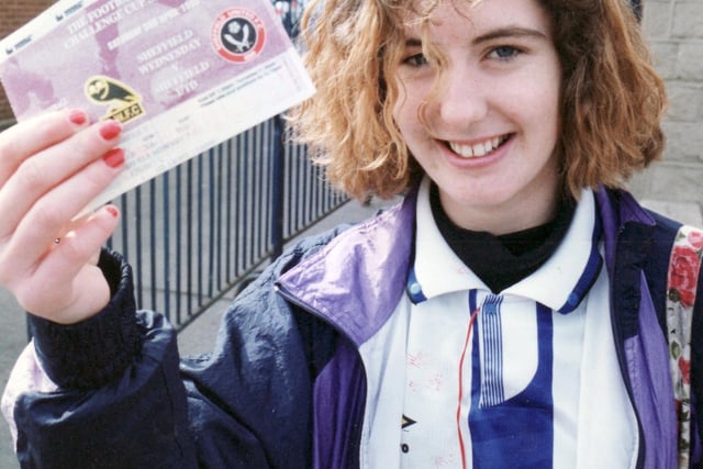 An excited Elizabeth Adams, of Ecclesfield, shows off her ticket to watch Wednesday take on arch rivals United in the FA Cup semi-final at Wembley in April 1993.