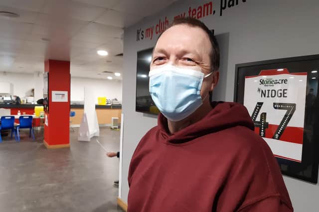 Brian Samson working as a volunteer at the Covid vaccination clinic at the Keepmoat Sadium, Doncaster