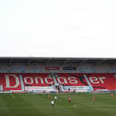 DONCASTER, ENGLAND - MARCH 06: A general view of play during the Sky Bet League One match between Doncaster Rovers and Plymouth Argyle at Keepmoat Stadium on March 06, 2021 in Doncaster, England. (Photo by George Wood/Getty Images)