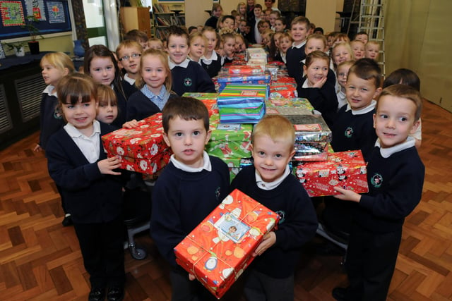 West Boldon Primary School pupils with their shoeboxes for Operation Christmas Child 8 years ago. Does this bring back happy memories?