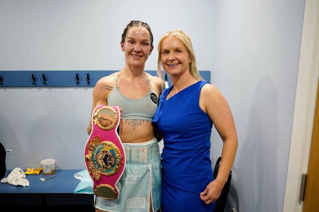 Terri Harper celebrates her win backstage with her friends and team mates. Picture: Dave Thompson/Matchroom Boxing